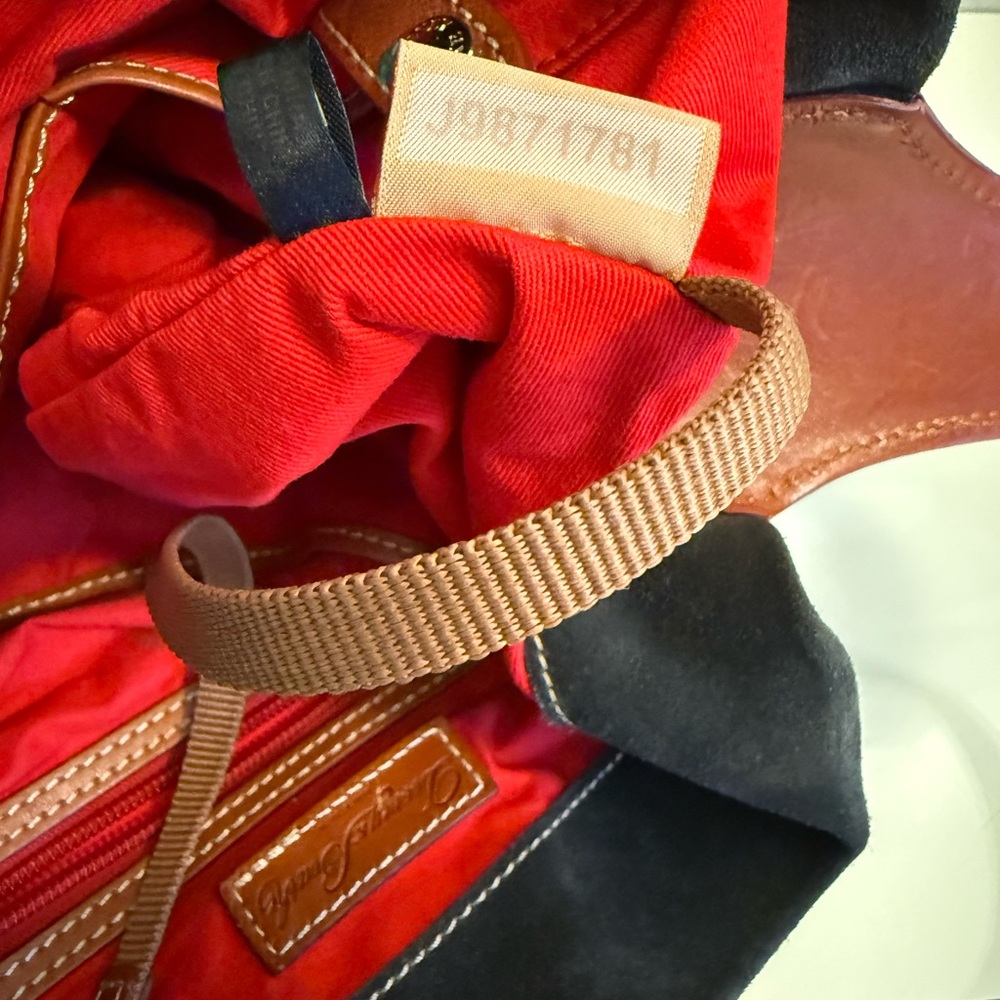 Large Dooney & Bourke Shoulder Bag - Black Suede, Leather accents, Red Interior - Picture 12 of 16